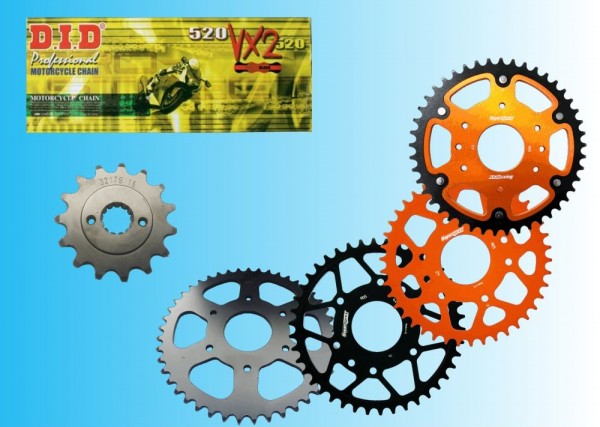 DID Kettensatz passend für KTM Duke 390 ABS Bj 13 bis 24 mit DID520VX3 Kette