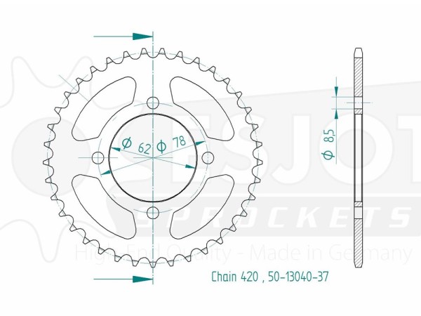 Kettenrad Stahl 37 Zähne (420) passend auf Suzuki LT 50 (Bj.02-)