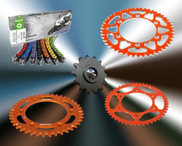 Esjot Kettensatz passend für KTM 520 EXC (Bj.99-02) 520HRT Kette orange Alu Ultralight
