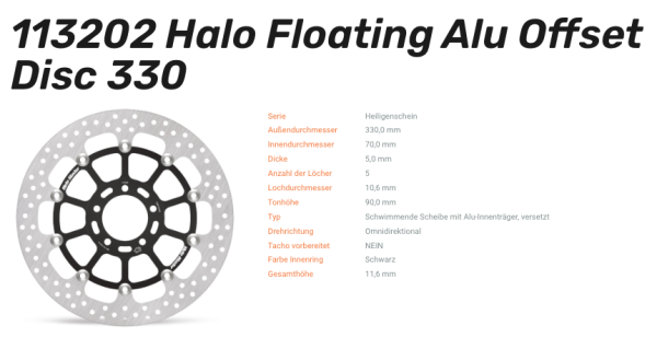 Moto-Master Bremsscheibe Floating-Alu Offset Halo-Serie passend für Kawasaki - 113202