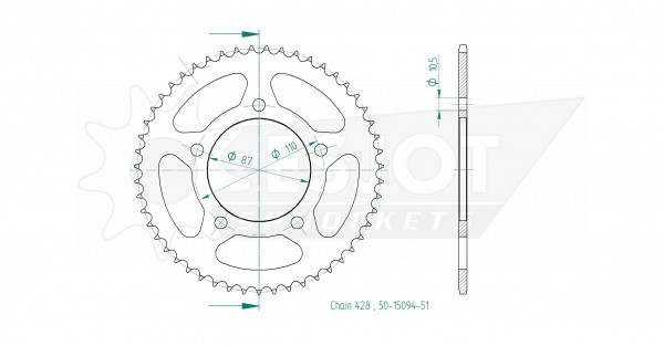 Kettenrad Stahl 51 Zähne CNC (428) passend für Kreidler Dice GS SM