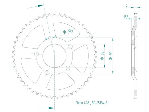 Kettenrad Stahl 51 Zähne (428) passend für FK Motors