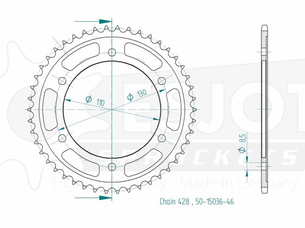 Kettenrad Stahl 44 46 Zähne (428) passend für Yamaha YBR 250 / TZR 125 R