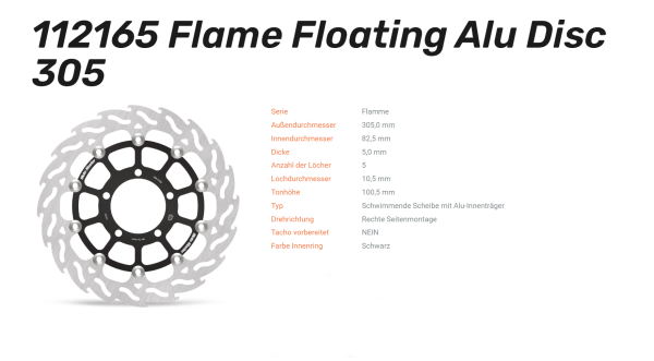 Moto-Master Bremsscheibe Flame Floating Alu Disc 305 passend für Triumph Tiger/Speed Twin; Bj.18- 11