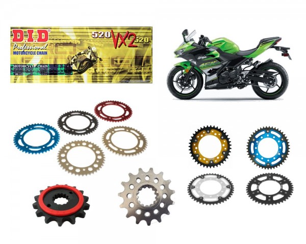 DID Kettensatz passend für Kawasaki Ninja EX 400 / ABS (Bj.18-24) DID 520 Kette Stahl Alu Stealth Si