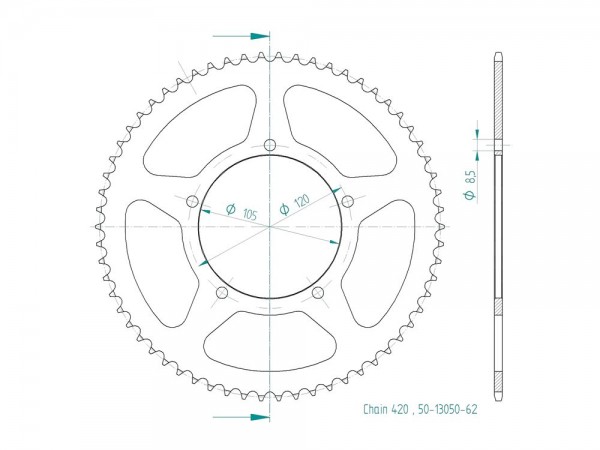 Kettenrad Alu 55 Zähne CNC (420) KSR Moto TR50 SM / Malaguti XSM 50 Motard