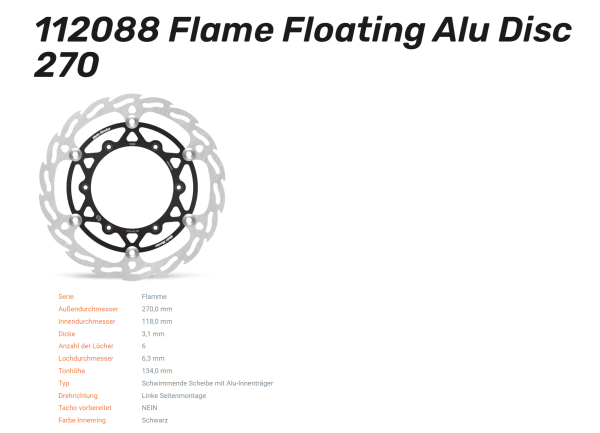 Moto-Master Bremsscheibe Flame Floating Alu Disc 270 links passend für Yamaha YZ 125/250/450 - 11208