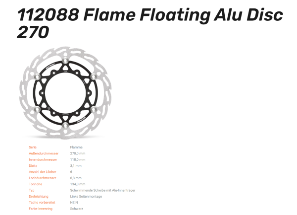 Moto-Master Bremsscheibe Flame Floating Alu Disc 270 links passend für Yamaha YZ125/250/450 - 112088