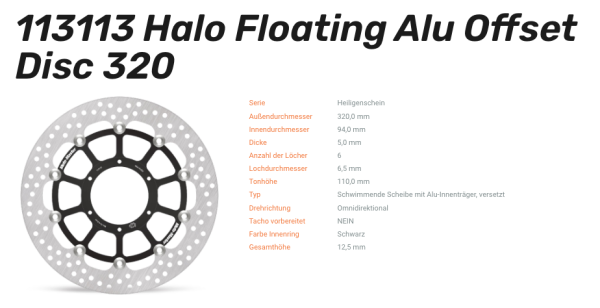 Moto-Master Bremsscheibe Floating-Alu Offset Halo-Serie passend für Honda - 113113