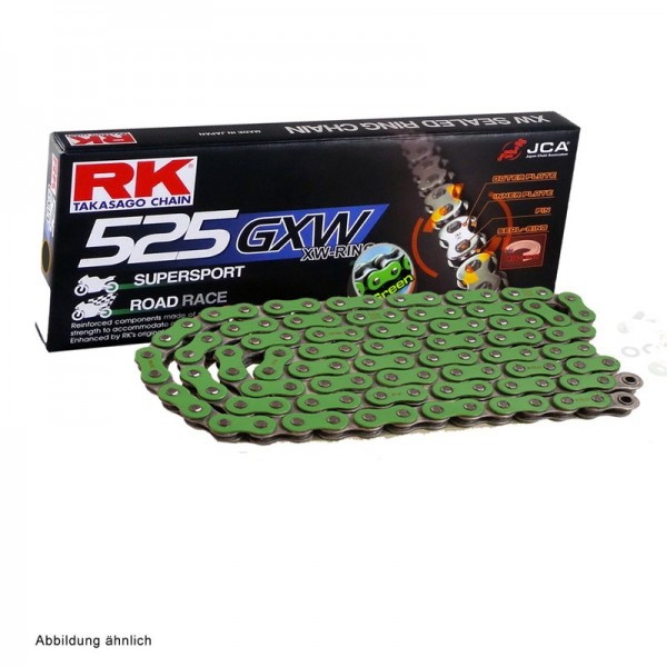 Motorradkette RK 525 GXW-Ringkette 114 Glieder gruen offen mit Hohlnietschloss