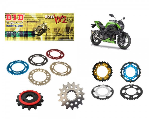 DID Kettensatz passend für Kawasaki Z300 ABS (Bj.15-) DID 520 Kette Stahl Alu Stealth Silent