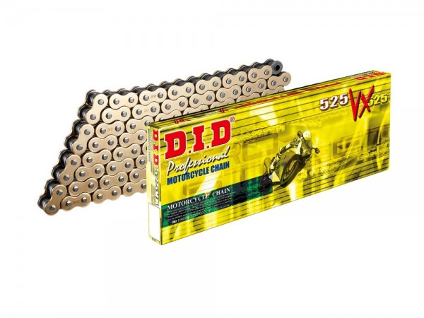 Kette DID Motorrad: DID525VX / DID 525 VX gold (G&B) 104 Glieder, offene X-Ringkette mit Clipsch