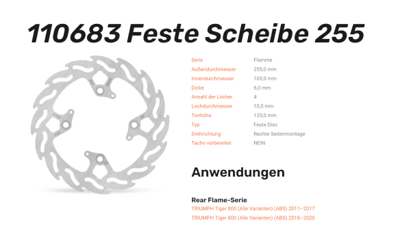 Moto-Master Bremsscheibe Rear Flame 255 rechts passend für Triumph Tiger 800; Bj. 2011-2020 - 110683