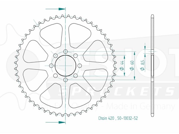 Kettenrad Stahl 52 Zähne (420) passend für Yamaha DT 50 R (Bj,97-02)